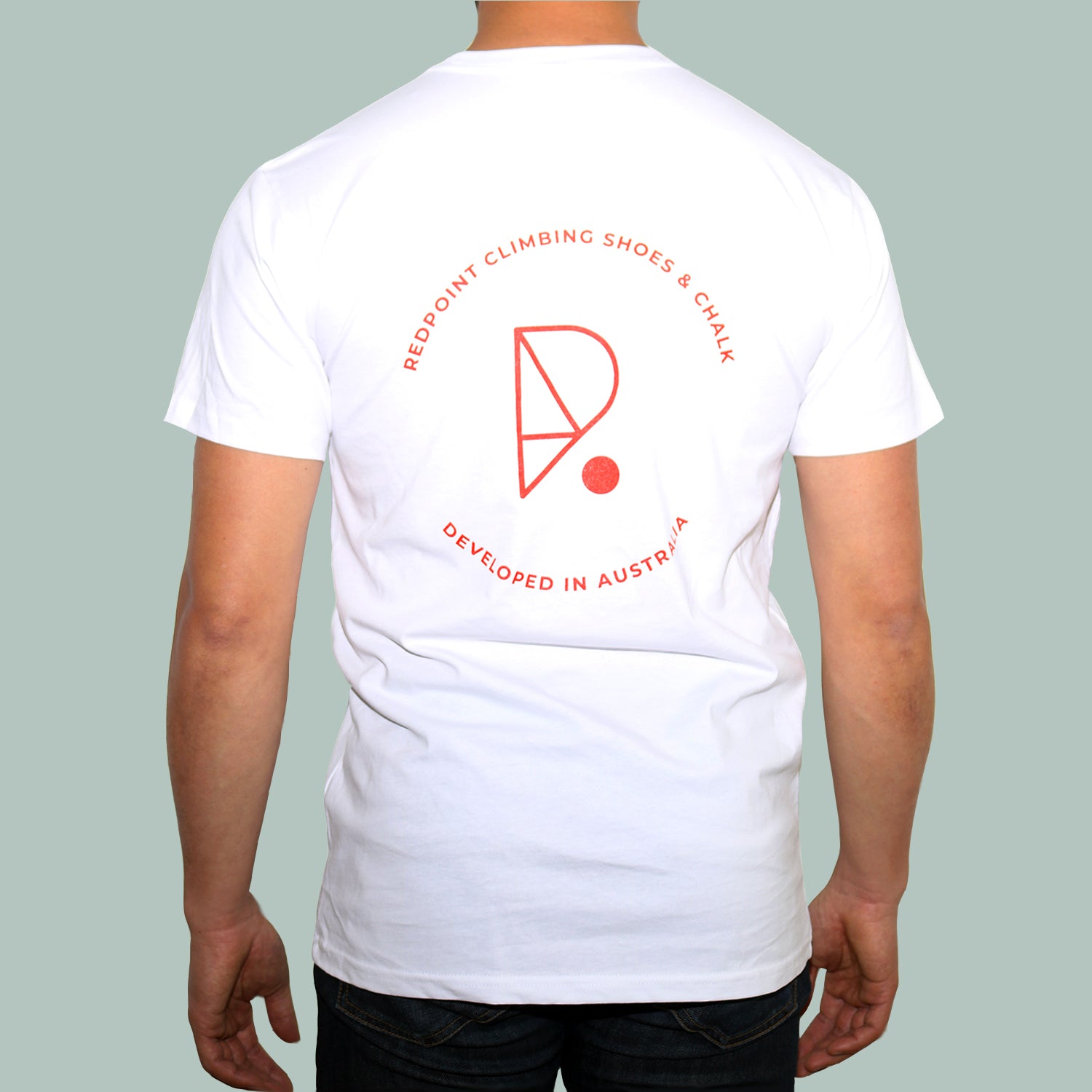 Redpoint climbing mens teeshirt white back modeled