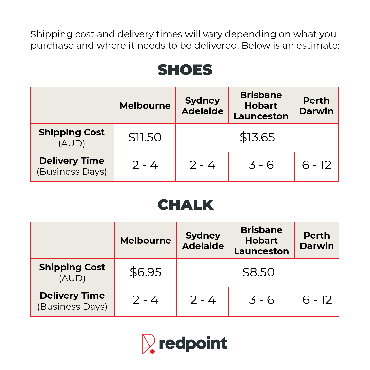 Redpoint Climbing Australia Climbing Chalk Shipping rates Delivery Time