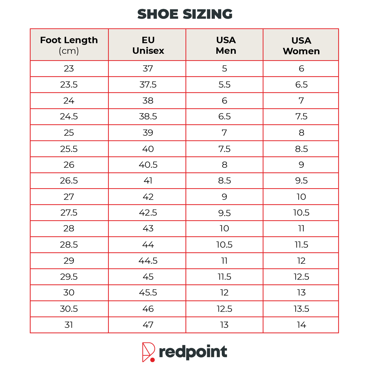 Redpoint Climbing Shoes Sizing Chart